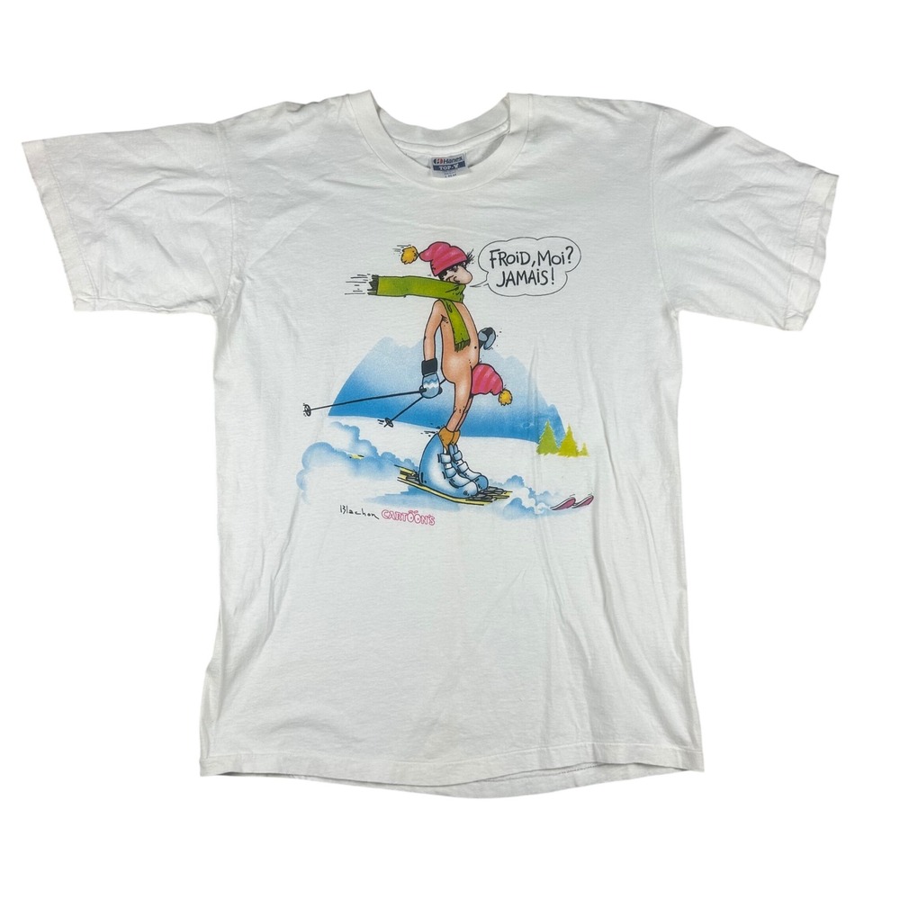 Vintage 90s Hanes Top-T Blachon‎ Cartoons Skiing Humor Graphic T-Shirt White L